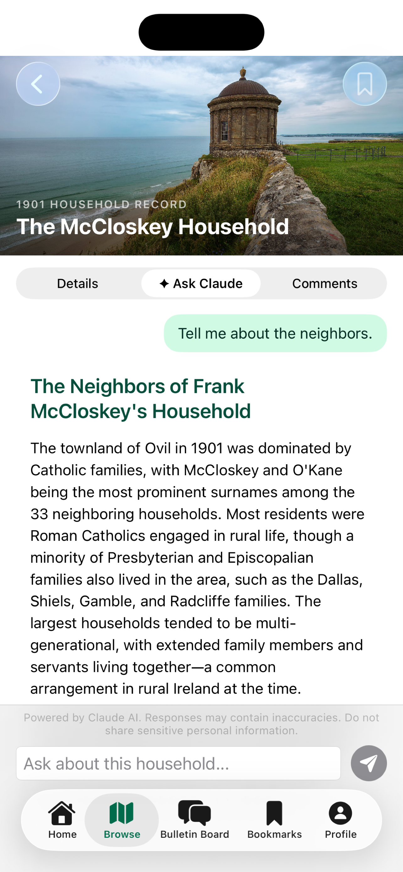 Ask Claude on the Down The Road iOS app, showing a conversation about the neighbours of the McCloskey household in Ovil.